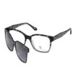 Lentes ópticos con sistema clip-on de sol, armazón de acetato gris con patrón carey/mármol, formato rectangular y cristales oscuros intercambiables.