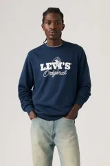 Buzo de cuello redondo Levi's en color azul marino, con estampado gráfico frontal en blanco que incluye el logo de la marca y un diseño de rodeo.