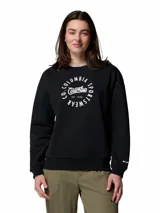Buzo Columbia Meridian Creek Crew negro de cuello redondo, con diseño gráfico circular impreso en el frente y puños, cuello y dobladillo acanalados.