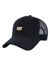 Gorra tipo trucker color azul marino con diseño de 5 paneles, visera curva y parte trasera de malla. Cuenta con un parche frontal con el logo de Caterpillar.