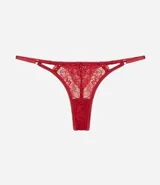 Bombacha colaless color rojo de la marca Lov, modelo string con tiras finas regulables y diseño delantero de encaje floral con transparencias.