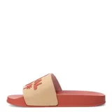 Sandalias tipo slide negras con estampado de texto "TROPIC SUN" en color rosa.