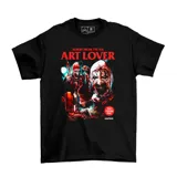 Remera negra de algodón con estampado gráfico de Art the Clown de la película Terrifier, con la frase 'Sorry mom, I'm an art lover' y 'Who's laughing now?'.