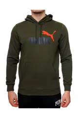 Canguro Puma de color verde militar, con capucha ajustable mediante cordón, bolsillo tipo canguro en la parte delantera y el logotipo de la marca estampado en el pecho en tonos naranja y gris.
