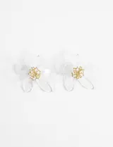 Par de caravanas con forma de flor de acrílico transparente y centro metálico dorado.