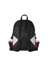 Mochila Sprayground negra con estampado a cuadros grises y blancos, diseño de boca de tiburón con dientes blancos y encías rojas.