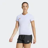 Remera de running Adidas Adizero Essentials color lila con logo naranja en el pecho y paneles laterales de malla.