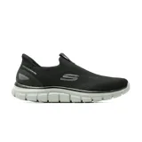 Championes deportivos Skechers modelo Slip-ins Sport Track Fenor, color negro con suela gris. Presentan un diseño sin cordones con parte superior de tejido elástico, tecnología Heel Pillow en el talón y plantilla acolchada Air-Cooled Memory Foam.