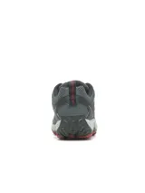 Championes de trail running Merrell Crosslander 3, confeccionados en cuero de gamuza y malla transpirable. Presentan diseño en tonos gris y negro con detalles en rojo, puntera protectora resistente a la abrasión, entresuela de espuma EVA para mayor estabilidad y suela de goma adherente con tracción duradera.