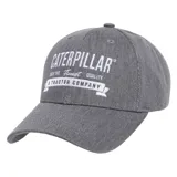 Gorro gris Caterpillar con visera curvada y bordado blanco en la parte delantera con las inscripciones "Caterpillar" y "A Tractor Company".