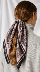 Pañuelo cuadrado de satén rosado con bordes negros y estampado estilo paisley en tonos oscuros.