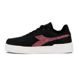 Championes urbanos Diadora modelo Bampu, color negro, con suela blanca gruesa y cordones negros. Presenta el logo de la marca en el lateral con acabado de glitter multicolor.
