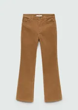 Pantalón de pana marrón, modelo flare de tiro alto, con bolsillos y cierre frontal de cremallera y botón.