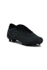 Championes de fútbol Lotto modelo Minza, color negro con detalles sutiles en gris, diseñados para canchas de once jugadores.