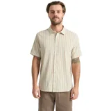 Camisa de manga corta de tejido técnico perforado con fibras Tactel transpirables y stretch, ideal para climas cálidos. Presenta un diseño a rayas verticales en tonos beige y blanco, con cuello camisero y cierre frontal de botones.