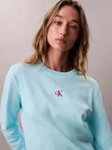 Remera de manga larga Calvin Klein de color celeste, con cuello redondo y corte regular. Presenta un pequeño logo bordado en el pecho.