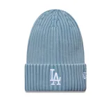 Gorro tipo beanie de punto acanalado en color celeste lavado, con vuelta y logo de los Los Angeles Dodgers bordado en el frente.