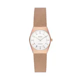 Reloj Skagen para mujer, modelo Solar Powered, con caja de acero color oro rosa de 26mm y malla metálica a tono. Esfera blanca mate con números arábigos y agujas en oro rosa. Resistente al agua hasta 30 metros.