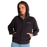 Buzo negro con capucha, cierre frontal y bolsillos tipo canguro.