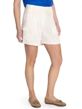 Short de lino orgánico tiro alto con pinzas y amplios bolsillos laterales estilo cargo con solapa y botones, de marca RKF.