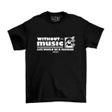 Remera negra de algodón con estampa frontal en color blanco que incluye el texto 'WITHOUT music LIFE WOULD BE A MISTAKE' y un dibujo de un personaje escuchando música.