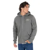 Canguro con cierre gris con capucha y cordones ajustables, bolsillos frontales y logo estampado en el pecho.