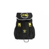Mochila Adidas negra con estampado del logo de Adidas y el logo de Smiley en amarillo. Tiene correas ajustables, cierre con cordón y hebillas amarillas.