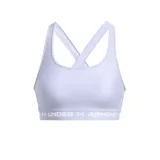 Top deportivo Under Armour de soporte medio, color lila claro, con diseño de espalda cruzada y banda elástica inferior con el logo de la marca estampado.