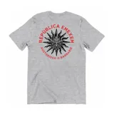 Remera de algodón color gris melange con estampa circular en el centro que incluye un sol con rasgos demoníacos y el texto 'República Emexem' y 'Austeridad o Barbarie' en color rojo.