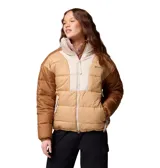 Campera puffer Columbia modelo Pike Lake Jacket Omni-Shield, diseño en bloques de color beige, tostado y marrón. Cuenta con cuello alto, cierre frontal de cremallera bidireccional y bolsillos laterales con cierre.