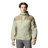 Campera cortaviento Columbia Challenger II Omni-Shield, color verde claro con detalles en verde militar. Cuenta con capucha ajustable, cierre frontal, bolsillos laterales con cierre y un bolsillo con cierre y detalle de red en la manga izquierda.