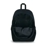 Mochila JanSport Slouch Pack negra con un compartimento principal, bolsillo delantero grande, funda interna acolchada para laptop de 15 pulgadas, bolsillos laterales dobles para botellas de agua, panel trasero completamente acolchado y correas para el hombro acolchadas.