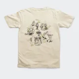 Remera color beige con estampado de dibujos de estilo graffiti en negro, verde y rosa.