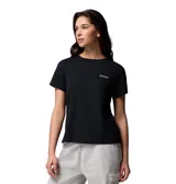 Remera de algodón orgánico negro Columbia, con cuello redondo y el logo de la marca estampado en pequeño en el pecho.