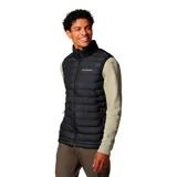 Chaleco acolchado negro con cierre frontal, cuello alto y logo de la marca bordado en el pecho. Cuenta con tecnología térmica reflectante y acabado resistente al agua.