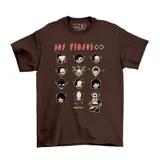 Remera de algodón color marrón con estampa frontal que incluye el logo de la banda Los Piojos y una serie de ilustraciones de personajes estilo caricatura.