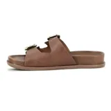 Sandalias tipo Birkenstock color marrón, con dos tiras ajustables con hebillas metálicas doradas y plantilla anatómica texturizada.