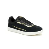 Championes Caterpillar modelo Pause Retro T-Toe, color negro con detalles en dorado. Confeccionados en cuero gamuzado, cuentan con suela de goma blanca con textura y cierre mediante cordones.