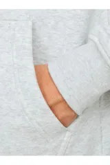 Canguro gris melange de manga larga con capucha, corte relajado, bolsillo tipo canguro y estampado con texto en el pecho.