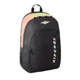 Mochila Rip Curl modelo Ozone 30L School, color negro con detalles degradados en tonos rosados y verdosos, de poliéster reciclado. Cuenta con compartimento principal amplio, bolsillo frontal con cierre, bolsillos laterales porta botellas y el logo de la marca estampado en el frente.
