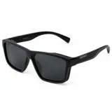 Lentes de sol polarizados de diseño rectangular con armazón negro mate, micas oscuras y detalles perforados en la parte superior y lateral del marco.
