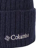 Gorro de lana Columbia color azul marino, tejido en punto canalé, con dobladillo enrollado y logo bordado en el frente.