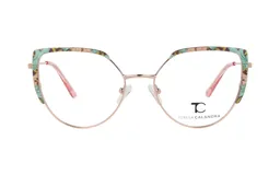 Armazón de metal color rosé con diseño cat-eye y detalles estampados en verde, amarillo y marrón.