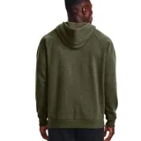 Canguro Under Armour de hombre, color negro, corte suelto, confeccionado en tela de polar con mezcla de algodón, con interior cepillado, gorro cruzado ajustable, bolsillo frontal tipo canguro, dobladillo y puños acanalados, mangas raglán y logotipo de parche tejido.