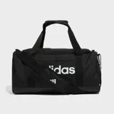 Bolso Adidas Linear negro con logo blanco estampado, doble asa de mano y correa de hombro ajustable.