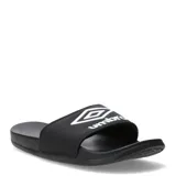 Chanclas de una sola banda marca Umbro, color negro con el logo de la marca estampado en blanco en la parte superior. Diseño ergonómico con suela de goma moldeada.