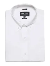 Camisa de vestir blanca de manga larga RKF, modelo Travel 360, con cuello abotonado y bolsillo frontal con logo bordado.
