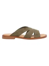 Sandalia plana RKF modelo Kingston, con tiras cruzadas de cuero en color verde militar, suela acolchada y base marrón.