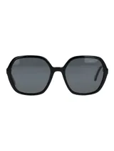 Lentes de sol para mujer RKF modelo Bolonia, con montura octogonal negra y lentes grises. Incluye estuche rígido marrón y funda de microfibra verde.