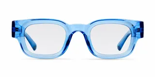Lentes con armazón rectangular de color azul translúcido, diseñados para protección contra luz azul de pantallas.
